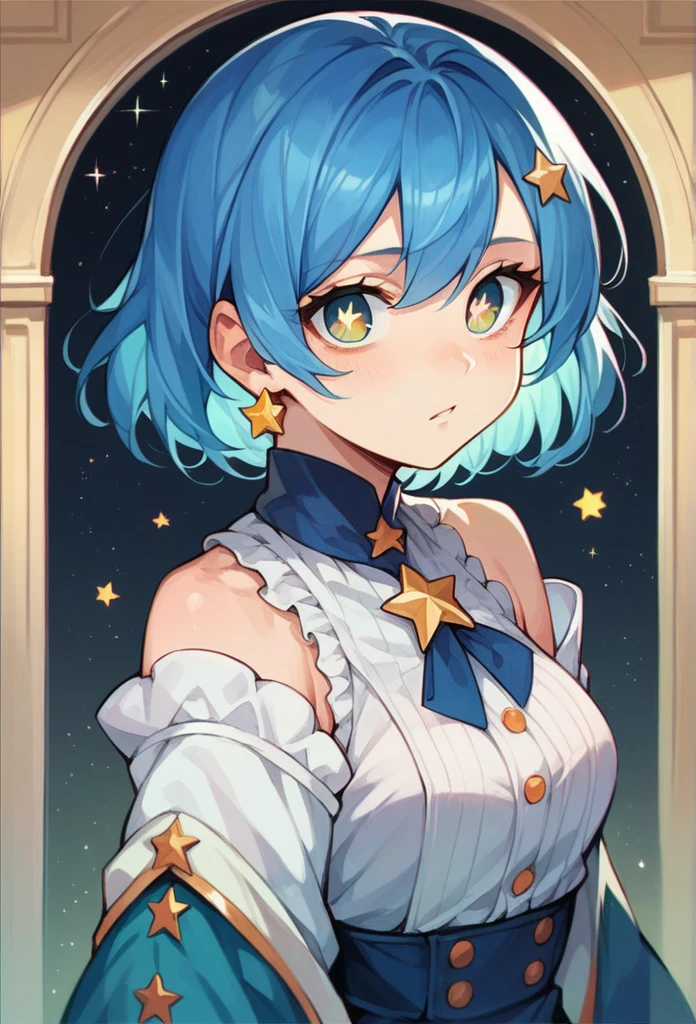 ((masterpiece, best quality)) 1 anime girl, fish eye background, complicated and magical background, stars and moon, halloween costume, cheeky expression, light blue short hair and blue eyes, ((masterpiece, high quality)), bust up, portrait, profile, facing front