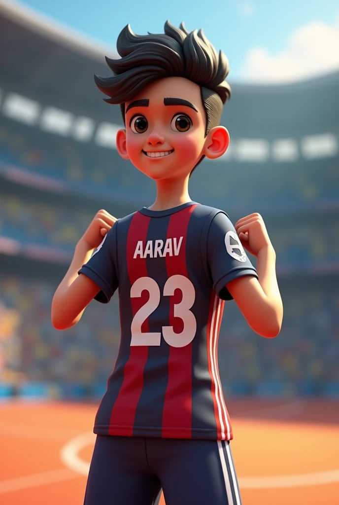 A ager boy standing pointing his jersey backwards on which aarav is written with 23 number