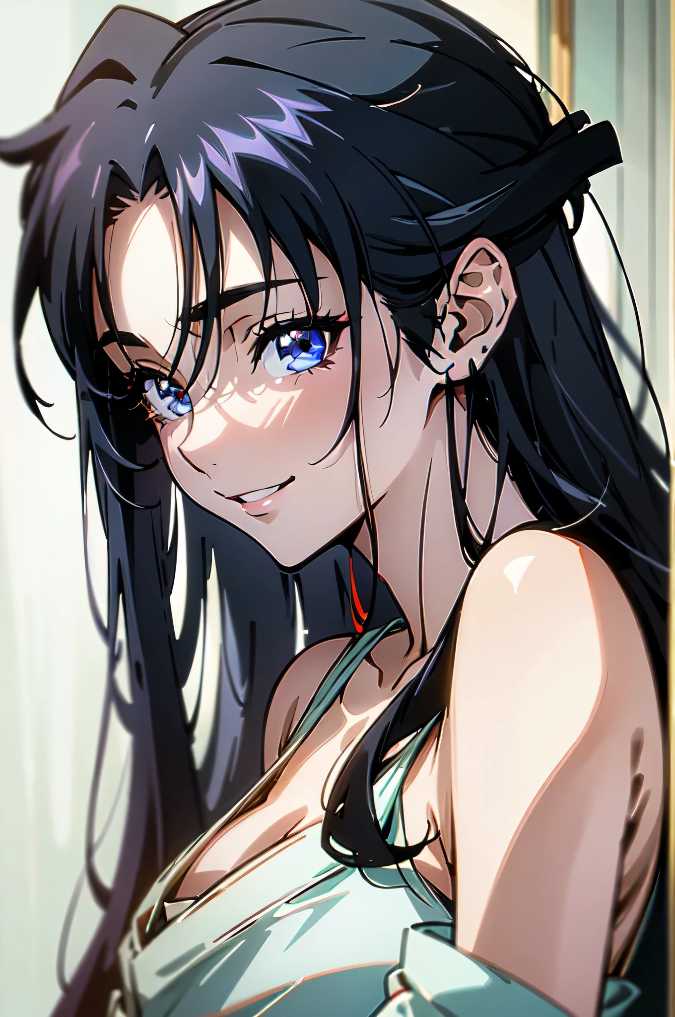 (best quality,highres),slim woman with black long hair, straight hair, young, minimalist style, sensual long dress, vibrant colors, porcelain skin, expressive eyes, playful smile, alluring charm, high end fashion, dreamy atmosphere, soft lighting, intricate details kaoru kamiya