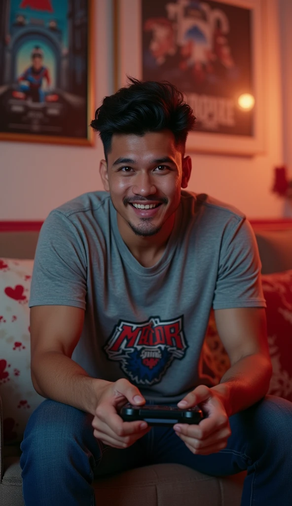 photorealistic, best quality, masterpiece, extremely detailed, (side view), extremely handsome, 30 year old borneo man, no facial hair, muscular build, wearing 8bit graphic tshirt, happy shockedexpression, (looking directly at camera), holds a video game console controller in right hand, left hand slaps his forehead, sitting on couch, in fun bedroom, movie posters on the wall, extremely romantic atmosphere, perfect face, perfect fingers, perfect hands, perfection