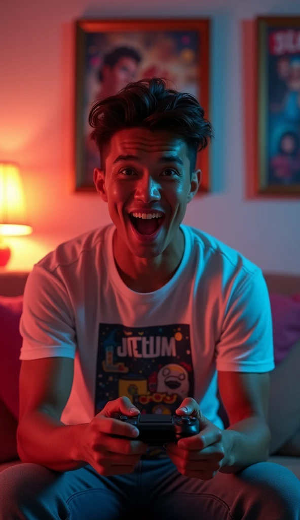 photorealistic, best quality, masterpiece, extremely detailed, (side view), extremely handsome, 30 year old borneo man, no facial hair, muscular build, wearing 8bit graphic tshirt, happy shockedexpression, (looking directly at camera), holds a video game console controller in right hand, left hand slaps his forehead, sitting on couch, in fun bedroom, movie posters on the wall, extremely romantic atmosphere, perfect face, perfect fingers, perfect hands, perfection
