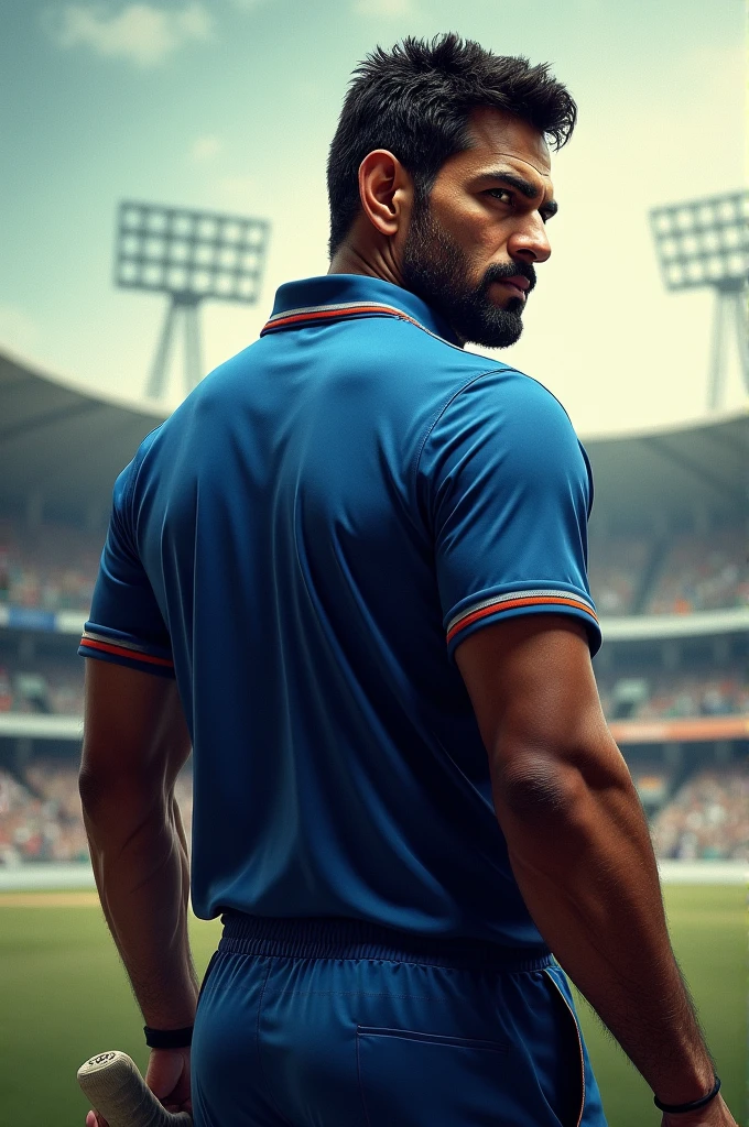 30 years old handsome dashing hot Muscular indian cricket player with sharp chin dimples beautiful eyes spiky black hairs fall on his face, in cricket stadium with tight blue jersey with huge bulge, standing in style, trending on artstation, sharp focus, studio photo, intricate details, highly detailed, head to thighs fit in photo, His perfect( big huge penis) is (coming out) of his pant,masterpieces