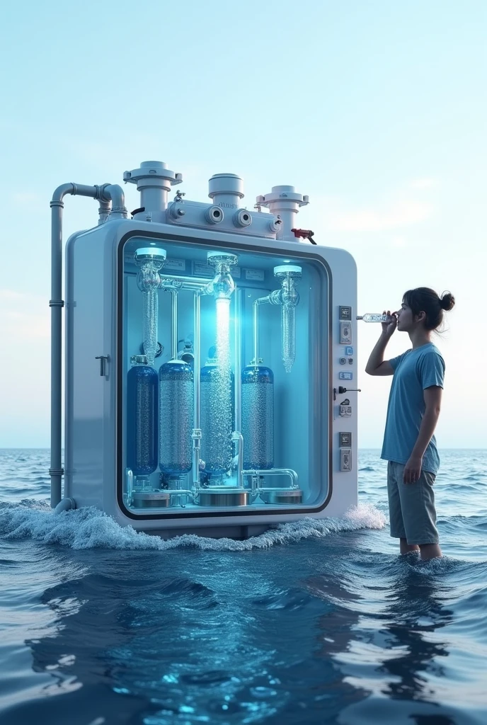 Show a machine desilation that is place in sea, water machine desilation that shows how water filtration work for some reason, it is going to be a drinkable water from sea water that is more safer and show one person drinking it freshly but she's standing patalikod
