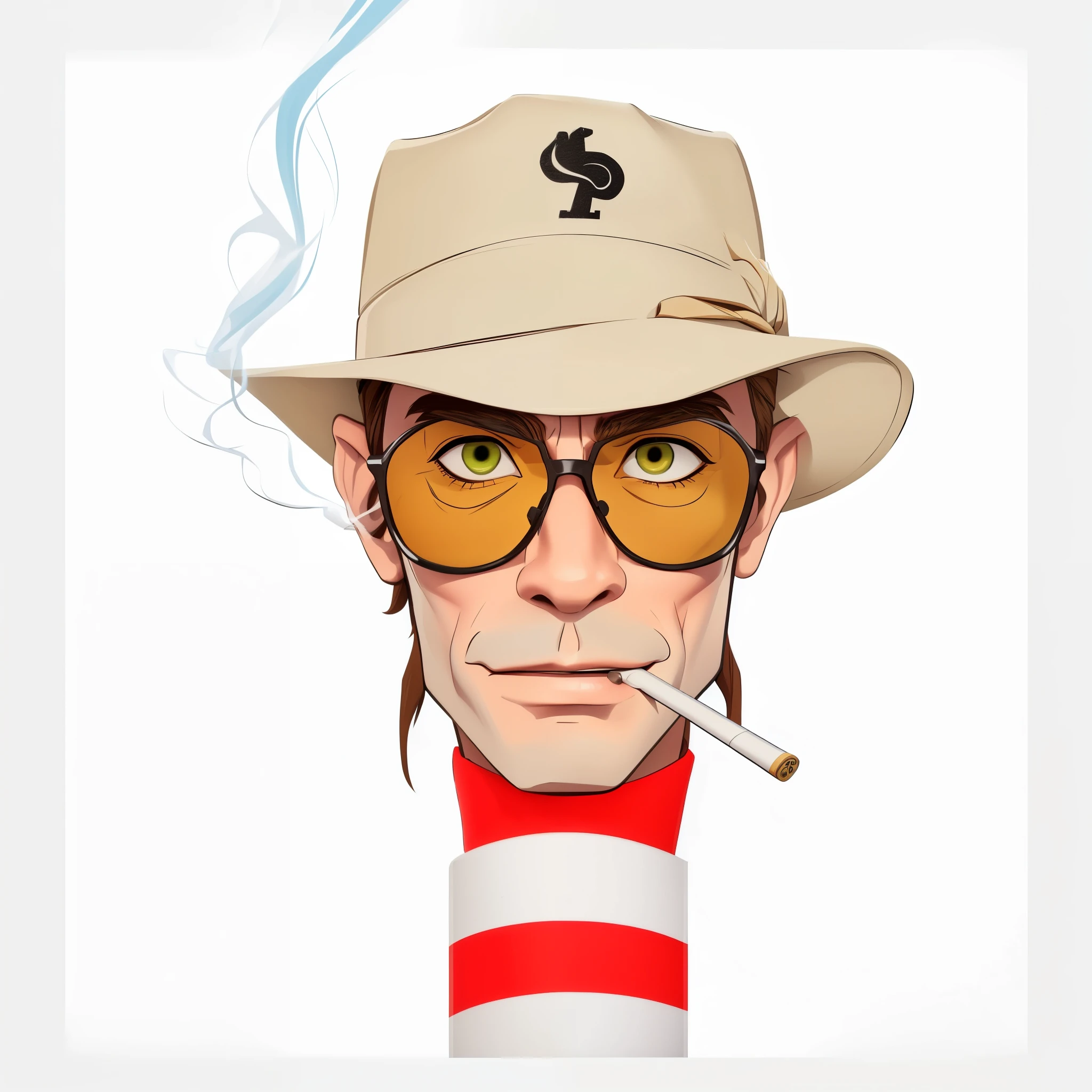 cartoon 3d of a man with a hat and sunglasses smoking a cigarette, hunter s thompson, harry volk clip art style, wes anderson style, HDR plus, full ultra HD detail. Portrait, realistic cartoon, cartoon art, Indonesian