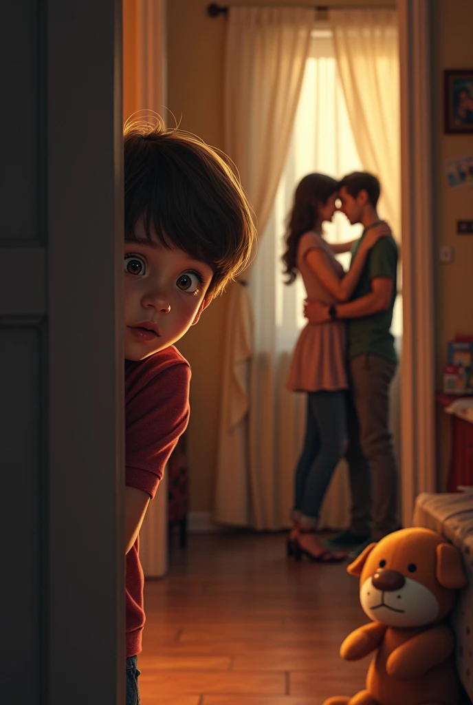 Create an image of a boy opening the door to his sister's room with her boyfriend.