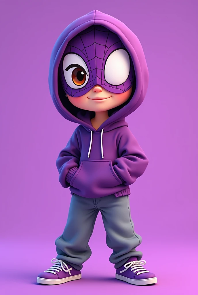 a cartoon male drawing with a purple spiderman mask, loose gray pants and a purple hood, the purple shoe and brown eyes, with a solid purple background
