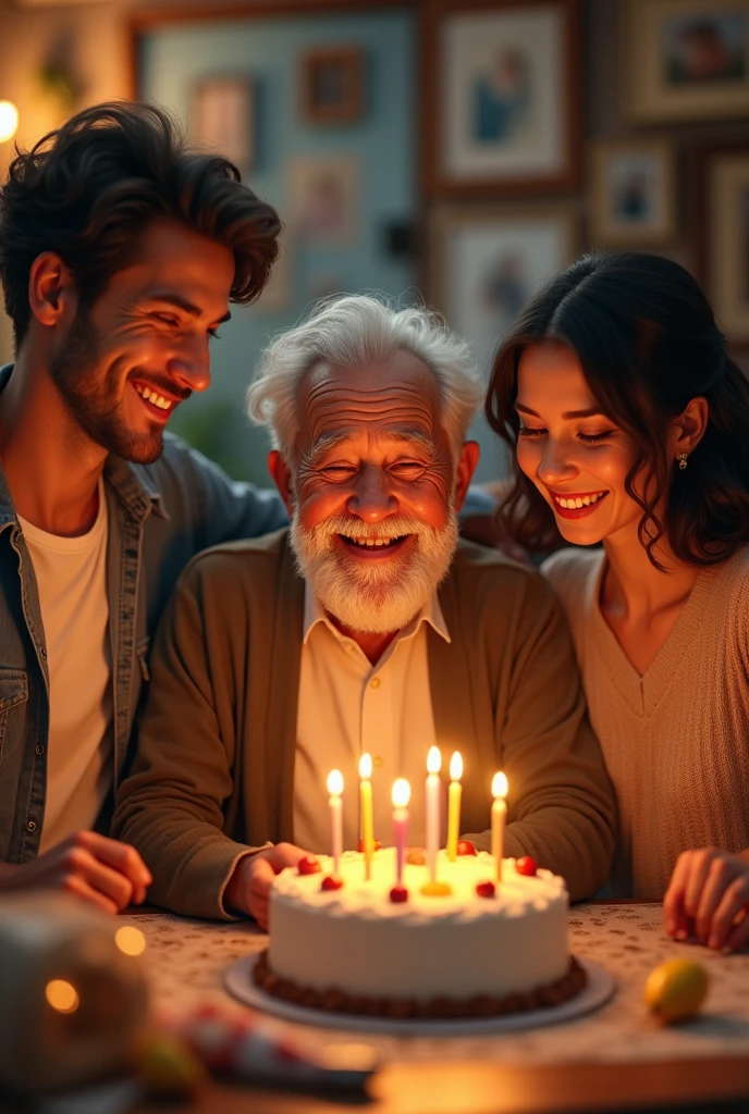 Generate an image of a happy old man celebrating his birthday with a young man and woman.