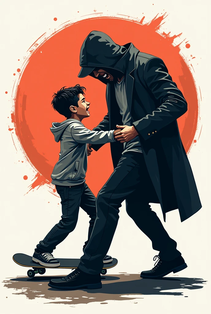 in the form of a brand logo I want an image, with a skater being held by the shirt by a hater in an aggressive way, and the young skater looking scared
