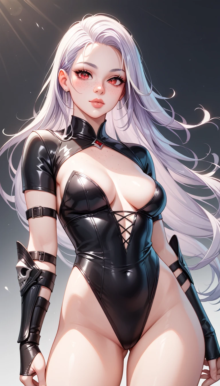 1 Girl, Medium Breasts, Light Purple Hair, Silver Highlights In The hair, Red Eyes, Nice Eyes, Long Hair Style, Freckles, Nice Lips, Nice Nose, Pale White Skin, Smooth Skin, Black Assassin Outfit, Sexy Outfit, Sexy, 