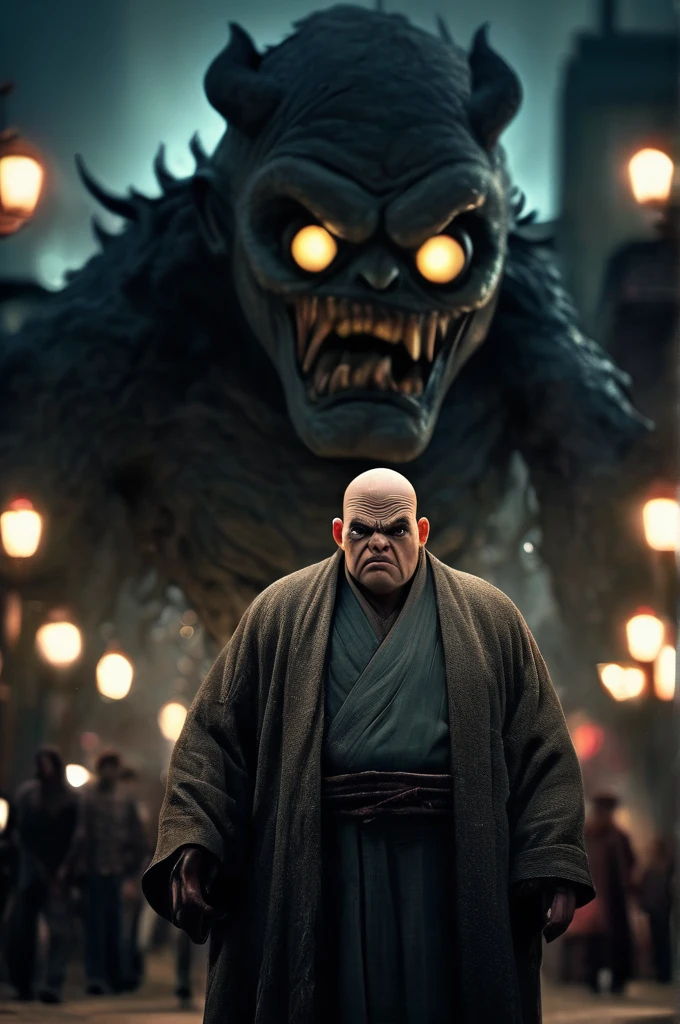 Steampunk night city、A giant monster in the background、Full Body Shot、Horror-themed movie stills,、Calm, big-headed old man, Skinhead、No horns、Head enlargement（Head size 1:9）、(Full body portrait:1.3), Nurarihyon、I'm wearing a kimono, Shallow depth of field, Vignette, Very detailed, High budget, Bokeh, CinemaScope, Sulky, amazing, nice, Film Grain, granular . Creepy, Anxious, dark, Creepyな, Suspenseful, strict, Very detailed