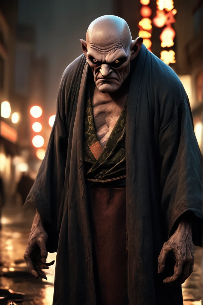 Steampunk night city、A giant monster in the background、Full Body Shot、Horror-themed movie stills,、Calm, big-headed old man, Skinhead、No horns、Head enlargement(Head size 1:9)、(Full body portrait:1.3), Nurarihyon、I'm wearing a kimono, Shallow depth of field, Vignette, Very detailed, High budget, Bokeh, CinemaScope, Sulky, amazing, nice, Film Grain, granular . Creepy, Anxious, dark, Creepyな, Suspenseful, strict, Very detailed