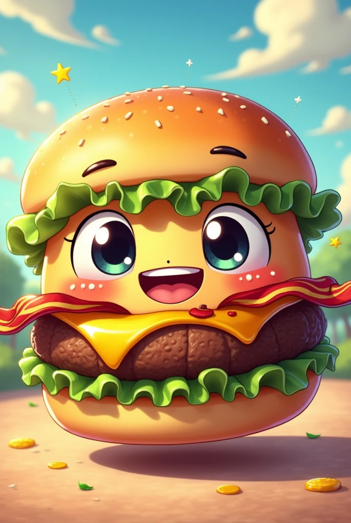 Anime burger with lettuce, meat, cheddar cheese, and bacon