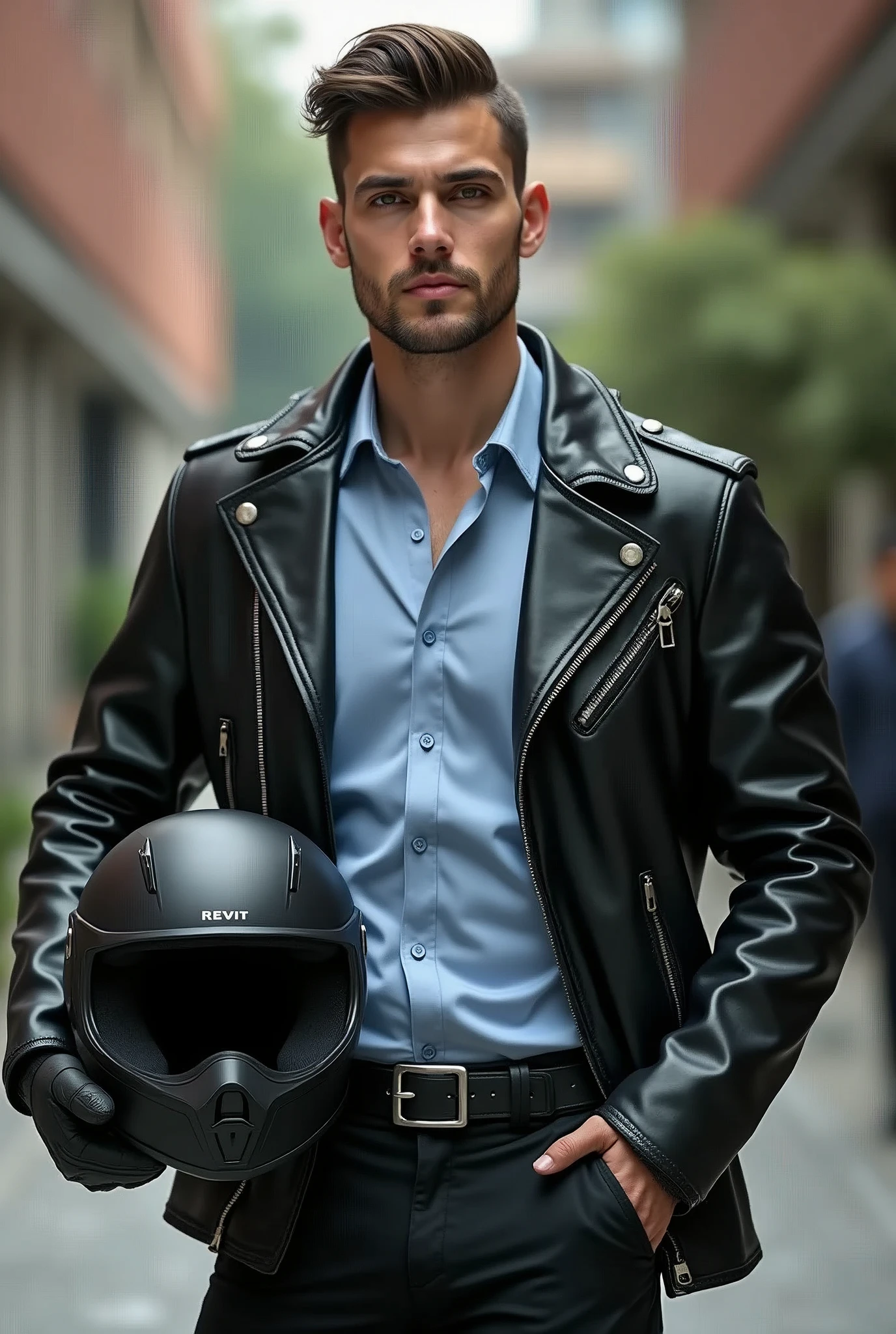 University male student very handsome, face clean shaved against the grain, holds black helmet, wears black formal shoes, black business pants, black leather belt with automatic silver square metal buckle, and light blue formal shirt, a revit leather jacket and biker gloves.