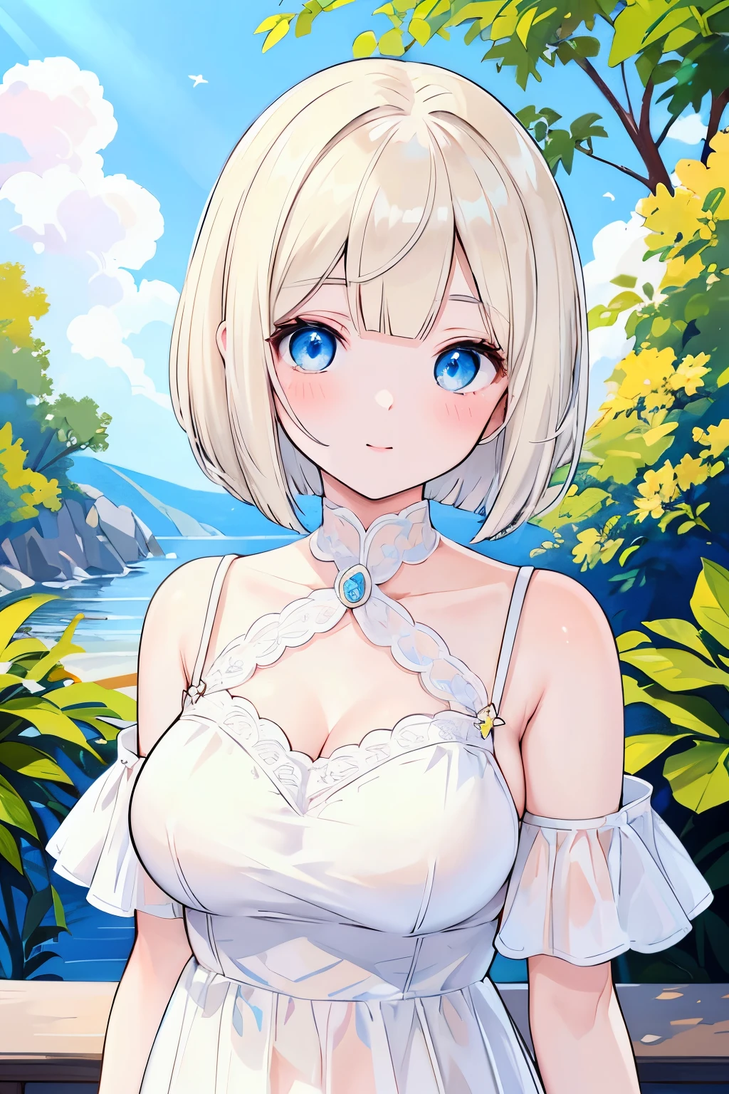 Big tits, nude, nipples, pussy, lake, mountain, (masterpiece, best quality:1.2),illustration,8k,hd,1girl,solo,child,upper body,(portrait:1.2), short_hair,blue_eyes,blonde_hair, spread legs, smile,