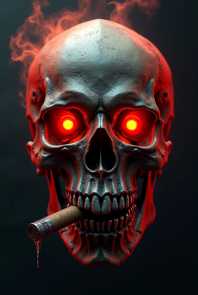 Skull metal red colour cigar on teeth high detail  front skull dark background  silver teeth fire eyes  motorcycle handle logo