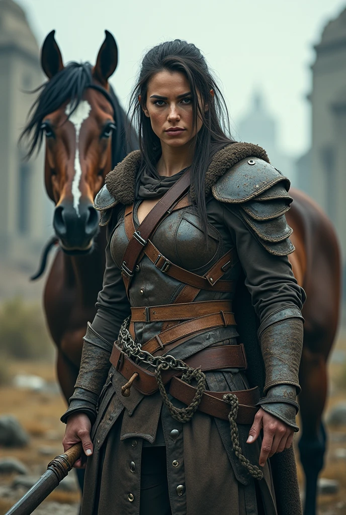 Portrait of a warrior woman standing in front of a horse, Assassin's Game&#39;Assassin's Creed, realistic photo, post apocalipsis