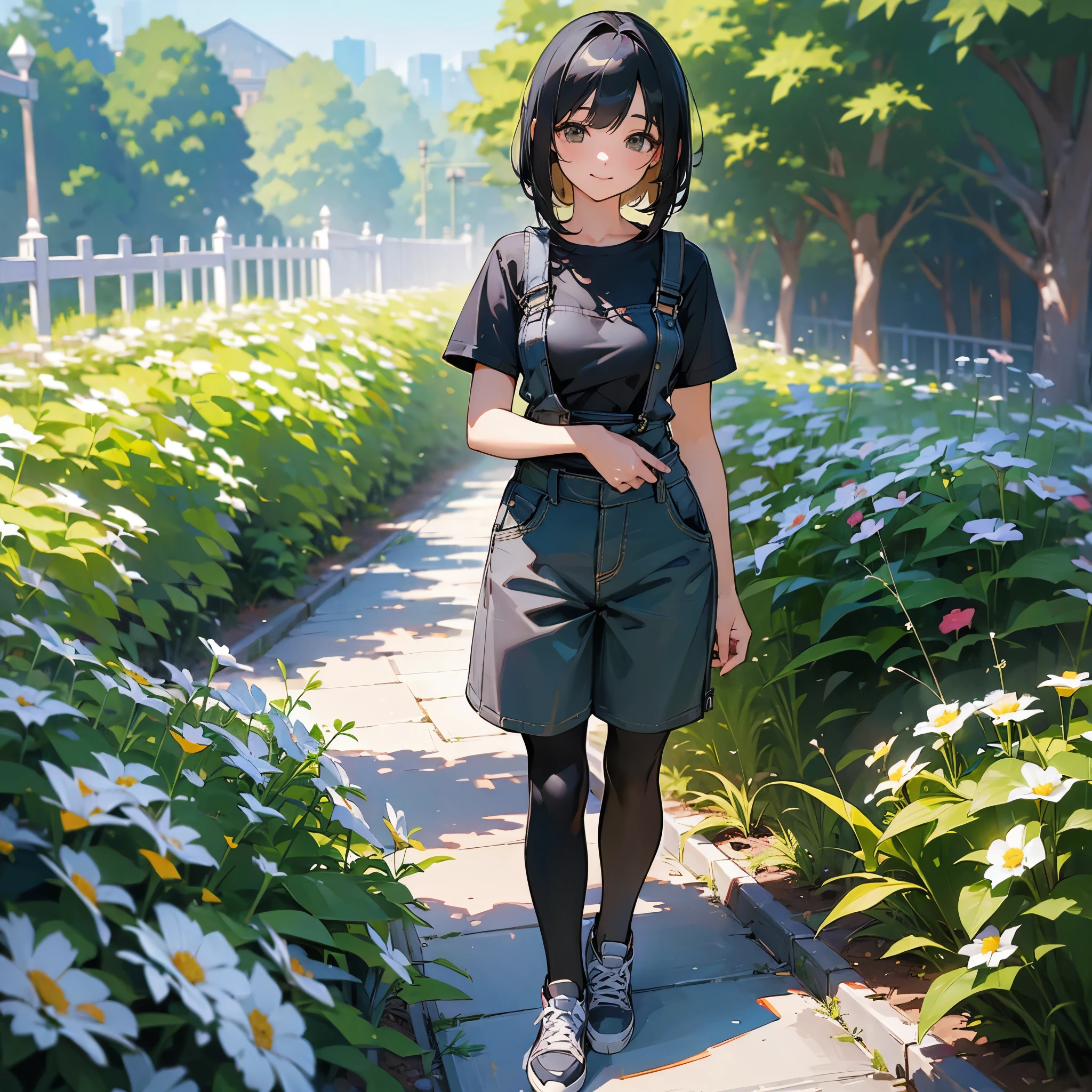 (high quality, High resolution, Very detailed, reality:1.37), Peaceful atmosphere, (Outdoor, garden), Teenage girl standing alone, (my breasts are big.), Beautiful details, Cute Smile, (Black bob hair), Short sleeve shirt, Overalls, Black tights, sneakers.