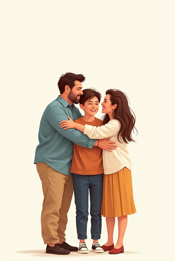 A single-line drawing of a father and mother embracing their graduating son 

