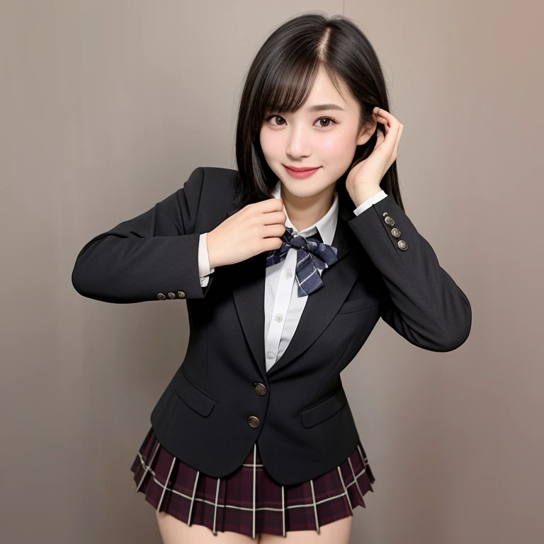 (kawaii 18 year-old Japanese girl, Nogizaka idol, Korean idol), healthy female athlete body, (glossy black hair, short hair, pixie cut, bangs:1.3), (rounded face, pure black eyes, single eyelid, no makeup, best smile:1.2), (wearing Japanese school uniforms, blazer jacket, collared shirt, bow tie:1.3), extra small breasts, (plaid skirt, bare thighs visible:1.3), BREAK, (simple grey background:1.3), (ceductive posing, dynamic angle, cowboy shot, thigh focus:1.2), BREAK, (masterpiece, best quality, photo realistic, official art:1.4), (UHD, 8K quality wallpaper, high resolution, raw photo, golden ratio:1.3), (shiny skin), professional lighting, physically based rendering, award winning, (highly detailed skin, extremely detailed face and eyes, anatomically correct body), Carl Zeiss 85 mm F/1.4, depth of field, 1girl, solo,