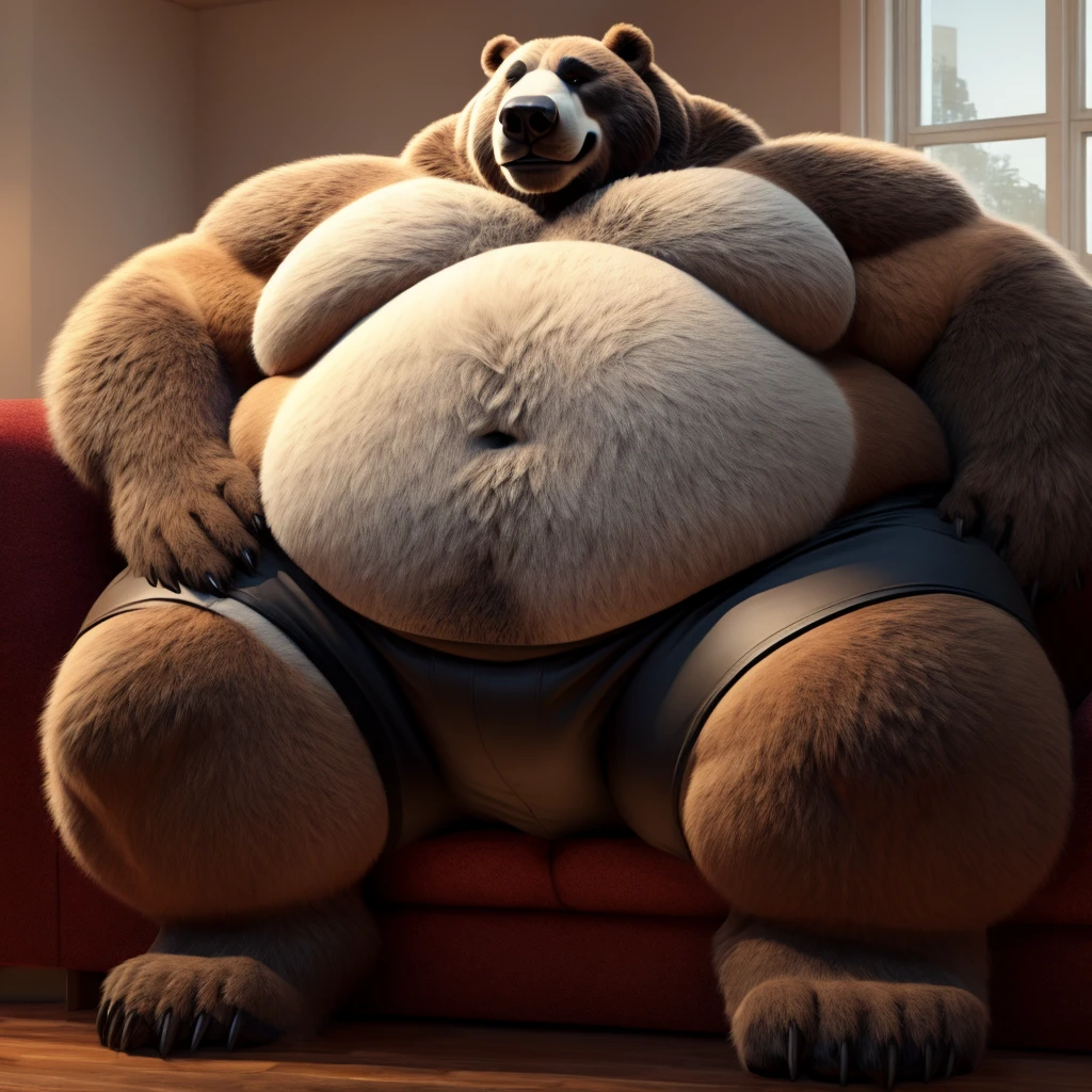 Fat Huge 450 Pounds Daddy Furry Black Grizzly Bear Big Belly and Large chunky body and wearing Black Shorts and sitting on the sofa His Belly is Bigger, Huge, fat, Chunky, Full, and Stuffed 