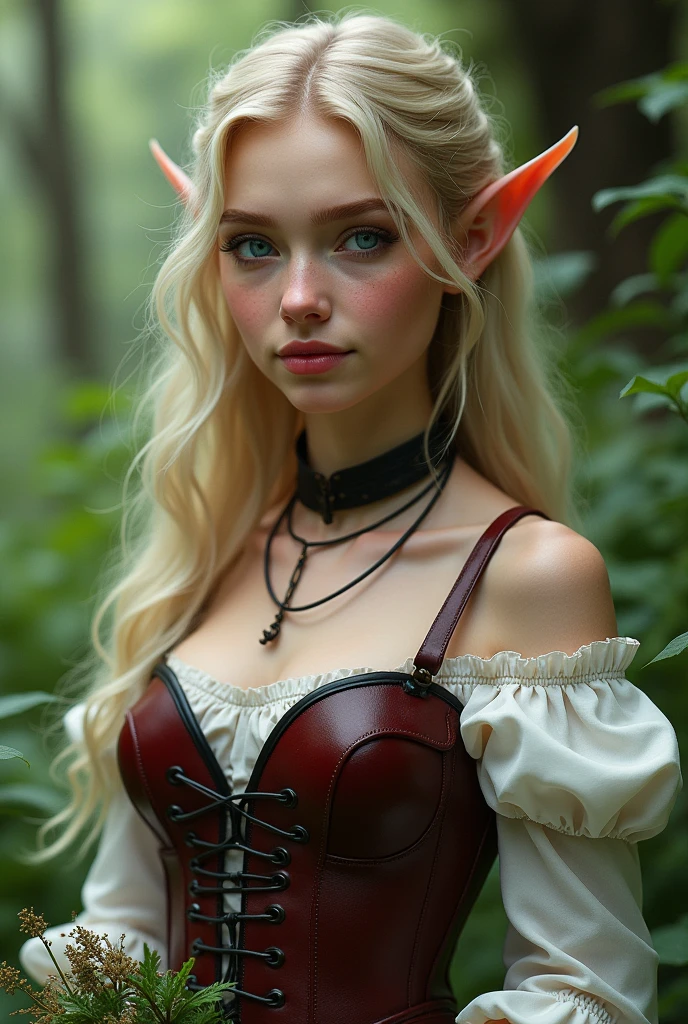 ((Best Quality)), ((masterpiece)), (detailed), 1 elf girl, ((big bust)), elf young woman, beautiful, wavy blonde hair, pointy ears. The shape of the face is oval, with delicate and proportionate features. The eyes are a deep blue, bright and expressive, and slightly tilted upwards at the ends. The eyes are medium sized, highlighting on the face. The eyebrows are a darker shade than the hair., black. The eyebrows are arched and well defined. The nose is straight and elegant., with a small curve at the tip. The nose is of medium size. The lips are plump and soft.. The lips have a natural pink tone. The mouth is small and slightly curved in a soft smile.. There is no beard or facial hair. The skin is pale and smooth, with a healthy appearance. Skin tones of the face, There is a slight blush on the cheeks. There are no moles, freckles or scars on the skin. She's dressed in hunting clothes, made of leather, her shoes are made of leather. Gothic Leather Corset-Vest, wine color. Her white shirt has no straps, her shoulders are bare. She's gathering medicinal herbs in the forest.
