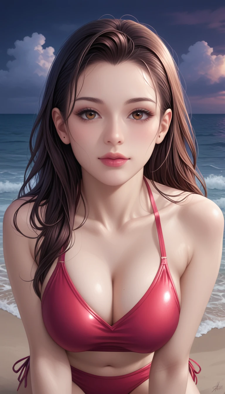 score_9, score_8_superior, score_7_superior, High-resolution CG illustration,A masterpiece in 32K resolution,Highest quality,it is really amazing,Very detailed,Ultra-high resolution,Ultra-realistic,Realistic,Increased depth of field,Cinematic lighting,
Sexy mature Japan woman,
Straight long hair with black hair,Ultra-detailed and beautiful face,Calm and gentle look,Beautiful brown eyes,Translucent white skin,Realistic skin texture,Great proportions,
Elegant red swimsuit,
Simple design,Chic color scheme based on red,Detailed fabric texture,
(Dark overcast sky on a dull night:1.1),(Dark clouds filling the sky:1.1),Thundercloud,Coastline at night,Stormy seas,delay々A desolate sandy beach that continues,
sitting on the beach,High angle,