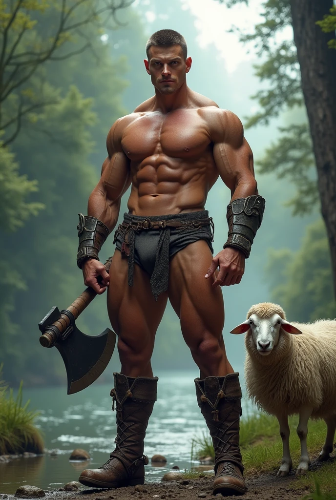 handsome male,独奏,big muscle,abs,muslos grandes,pink iris,volu,underpant,realistic,epic quality,armour,sheep,mitts,forst,holding big ax,Youngh,near the river,sem shot,big boobies,large veins in the muscles,