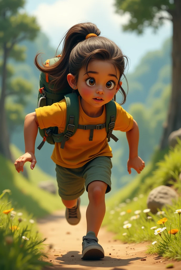 Girl with a backpack on her back running