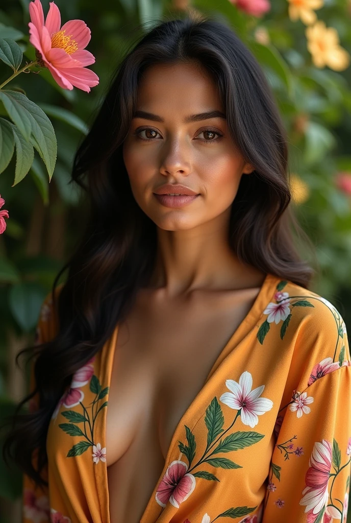 A Brazilian woman in exuberant everyday variations, wearing an open shirt with a floral print, with a close-up capturing the harmonious beauty between her breasts and the natural flowers, showing off your natural charm and outgoing personality.