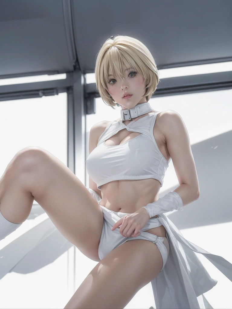 kurosaki mea、最high quality、high quality,, ((Masseter muscle area)), ((High resolution)), ((最high quality)), detailed, ((Glowing Skin)), (High leg bodysuit:1.2)、and, ((huge 、Blonde、Short Bob))、(White bondage, White shorts), Voluptuous bust, exposed navel, Bowl-shaped big breasts, (View from the front、Looking at the audience:1.5)、((background:White Room:1.4))