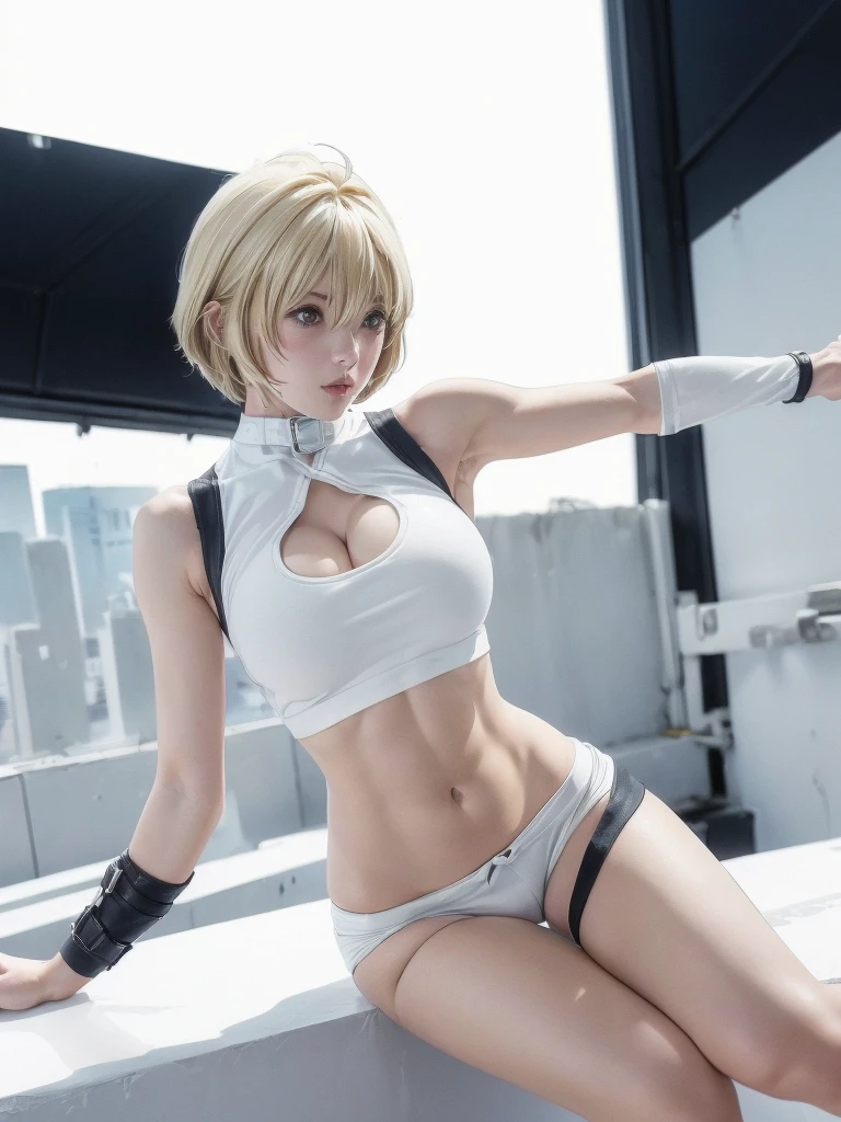 kurosaki mea、最high quality、high quality,, ((Masseter muscle area)), ((High resolution)), ((最high quality)), detailed, ((Glowing Skin)), (High leg bodysuit:1.2)、and, ((huge 、Blonde、Short Bob))、(White bondage, White shorts), Voluptuous bust, exposed navel, Bowl-shaped big breasts, (View from the front、Looking at the audience:1.5)、((background:White Room:1.4))