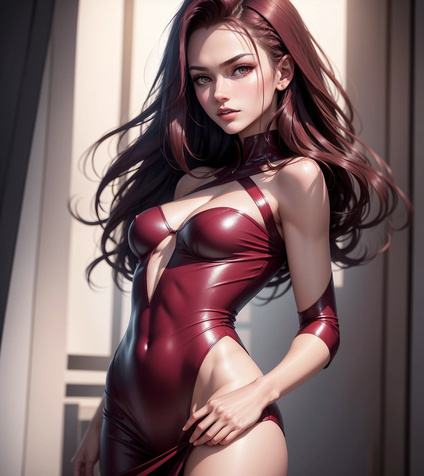 work of art,best qualityer,ultra detaild,high resolution,high resolution,4K,4Kportrait,8k,8kportrait,unity8kwallpaper,extremely detailed CG,realisitic,CRU photo,realperson,portrait photography,photorealisitic,shining skin,skin detailed,(((dynamic angle,whole body))),90s Supermodel Michelle Hicks, -height: At standard model heights、It is considered to be around 175 cm。 - Hair color: Darker maroon。 - Eye color: maroon。 -somatotipo: slender, well-proportioned model figure,。 - Characteristics: sharp and delicate facial features、long muzzle、Sharp eyebrows。