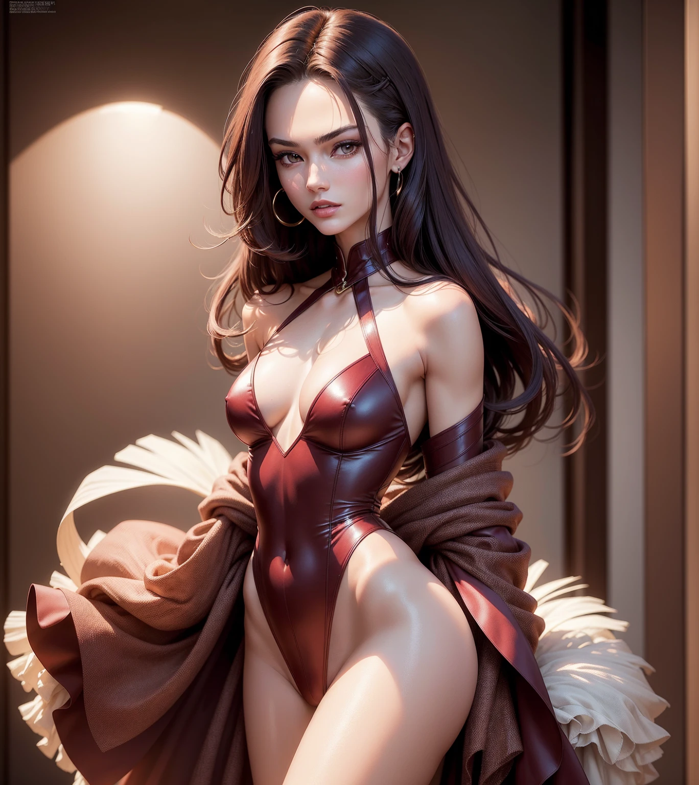 work of art,best qualityer,ultra detaild,high resolution,high resolution,4K,4Kportrait,8k,8kportrait,unity8kwallpaper,extremely detailed CG,realisitic,CRU photo,realperson,portrait photography,photorealisitic,shining skin,skin detailed,(((dynamic angle,whole body))),90s Supermodel Michelle Hicks, -height: At standard model heights、It is considered to be around 175 cm。 - Hair color: Darker maroon。 - Eye color: maroon。 -somatotipo: slender, well-proportioned model figure,。 - Characteristics: sharp and delicate facial features、long muzzle、Sharp eyebrows。