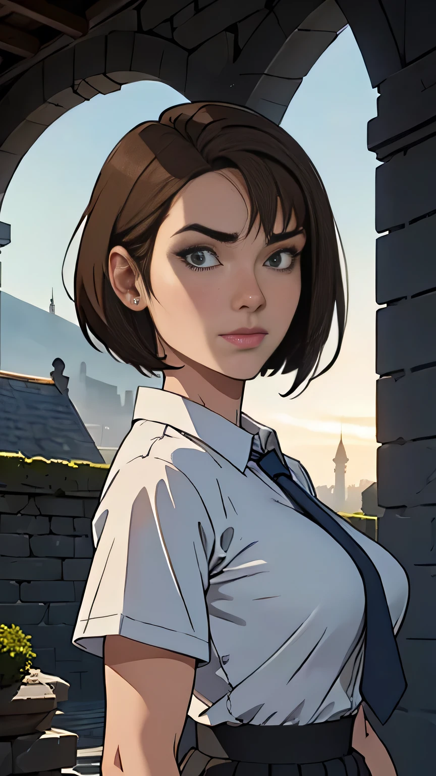 photo of mlp Meowko, RAW, beautiful woman, ((portrait)), ((detailed face:1.2)), ((anime face, anime facial feature, clear skin, glossy anime lips, clear skin), (short lesbian haircut, brunette: 1.55),  (perfect proportioned body, Strong, muscular, narrow waist, narrow hips, skinny, massive breasts), she is wearing a Hogwarts witch robe, short sleeve White button down shirt, Gray pleated skirt, knee-high gray socks, Blue and silver tie), huge castle in the background, Stone brick walls, magic, (realistic photo, best quality, detailed), (8k wallpaper), (bright cinematic lighting, lens flares, beautiful light, (noon:1.3)) (sharp focus, intricate)