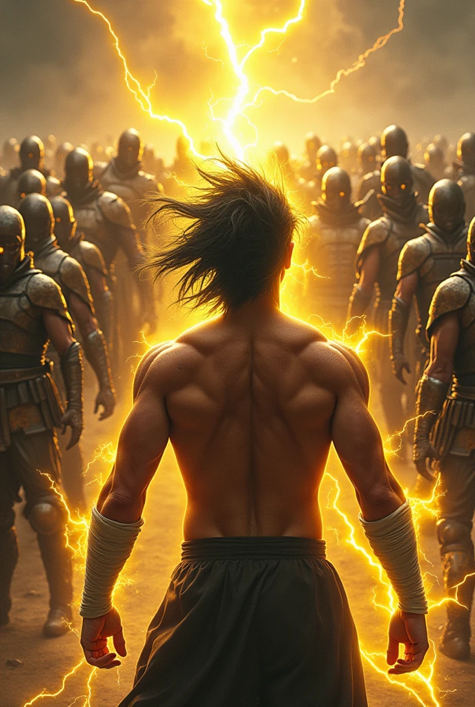 Create a man with black hair and yellow lines like lightning, With powers of electricity, his hands are bandaged as he faces a workout of thousands of armored beasts with powers 