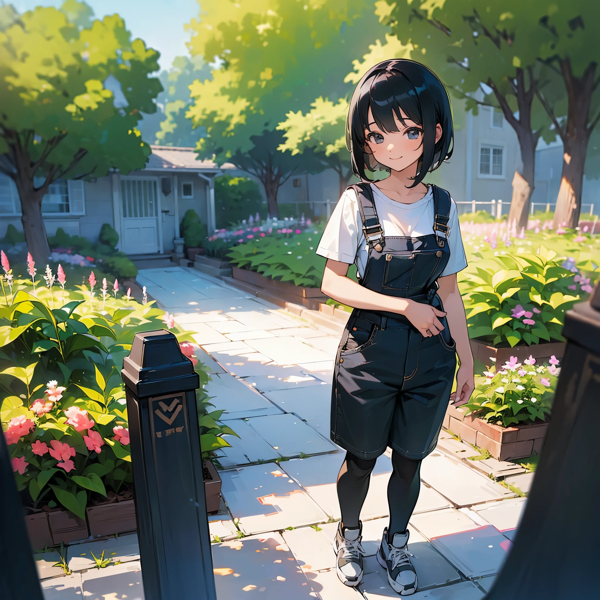 (high quality, High resolution, Very detailed, reality:1.37), Peaceful atmosphere, (Outdoor, garden), girl standing alone, (my breasts are big.), Beautiful details, Cute Smile, (Black bob hair), Short sleeve shirt, Overalls, Black tights, sneakers.