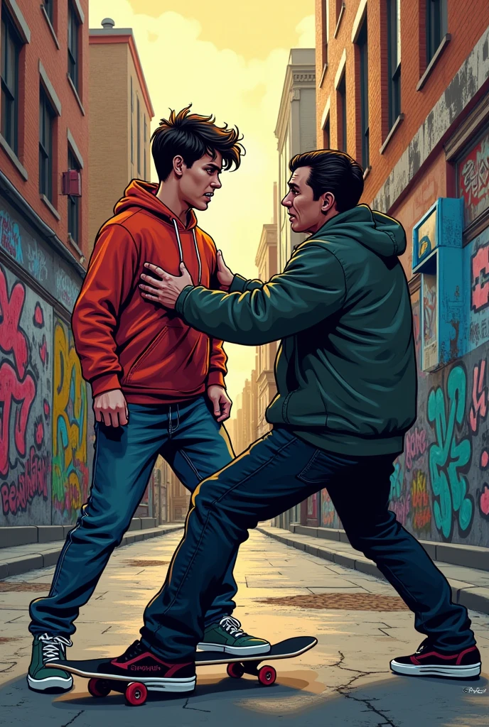 in the form of a logo brand I want an image, with a skater being held by the shirt by a hater in an aggressive way, and the young skater looking scared, in a street full of graffiti and pixe
