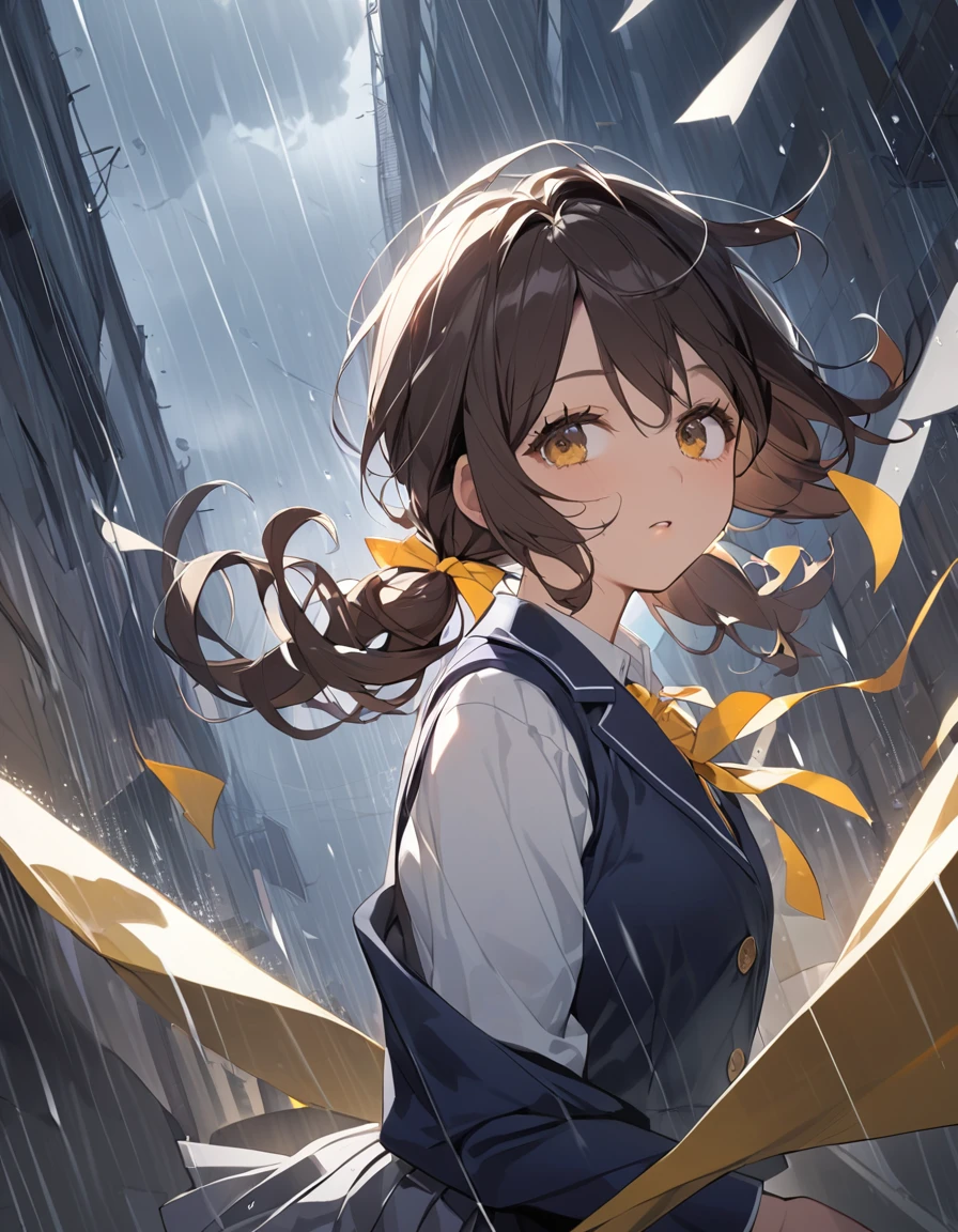 Top quality illustrations, One beautiful girl, Kind eyes、Dark brown hair、short hair、Wavy Hair、Curly Hair、Low twin tails、Short pigtails、school uniform,{Dark Blue Blazer、White shirt、Yellow ribbon、Grey pleated skirt}、sideways rain、Heavy Rain、storm、Strong winds、Gloomy sky、The skirt flips up in the wind、Striped panties
