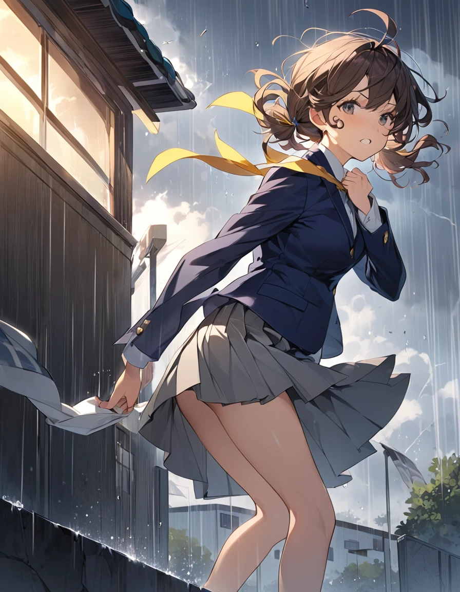 Top quality illustrations, One beautiful girl, Kind eyes、Dark brown hair、short hair、Wavy Hair、Curly Hair、Low twin tails、Short pigtails、school uniform,{Dark Blue Blazer、White shirt、Yellow ribbon、Grey pleated skirt}、sideways rain、Heavy Rain、storm、Strong winds、Gloomy sky、The skirt flips up in the wind、Striped panties
