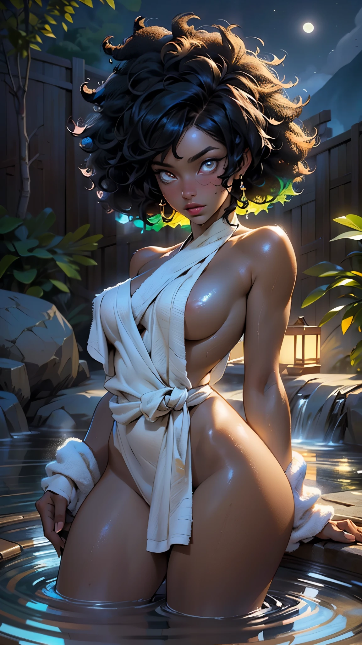 girl,(((1girl))),((cute and beautiful afro haired girl)),((((black race)))),

(large breasts:1.4),saggy breasts,((((black afro hair:1.35,((afro hair:1.35)),afrohair,afro:1.35,dark hair,black hair,)))),medium hair,((heterochromia:1.5, (yellow_eye and red_eye))),intricate eyes,beautiful detailed eyes,symmetrical eyes,((fat)),((((tan,dark skin,black skin:1.35,dark-skinned_female,dark skin:1.3,ebony skin,lustrous skin:1.5,bright skin: 1.5,shiny skin,very shiny skin,shiny body,illuminated skin,wet legs)))),(spider lower abdomen,narrow waist,wide hip,athletic body,inflated legs, thick thighs),((detailed face)),

cute,slutty,sensual,seductive look,seductive,erotic,enchanting,((nsfw)),

((wrapped in a tiny bath towel around the body)), (wet hair, wet skin) and (steam),(((naked under the towel))),

(dynamic pose:1.0),solo focus,embarrassed,(centered,scale to fit dimensions,Rule of thirds),

outdoor bath,hot onsen,onsen pond,rock bath,full moon,mountains in the background,stream,The hot spring is steaming,night time,scenery,extremely scenery,

(Glossy asian ornaments),highres,sharp focus,(ultra detailed,extremely detailed),(photorealistic artwork:1.37),(extremely detailed CG unity 8k wallpaper),(((vibrant colors,vibrant theme))),(intricate),(masterpiece),(best quality),artistic photography,(photography taken by sldr),(intricate background),perfect rendered face,perfect face details,realistic face,photo realistic,((intricate detail)),(((realism))),
