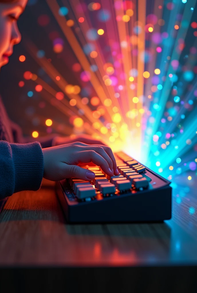 Make a child's hand typing on the mechanical keyboard that is on the table and from it radiate various colors, make it look cool and creative