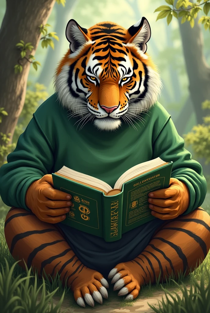 Draw a saber-toothed tiger reading a book about the SDGs, with a green sweatshirt