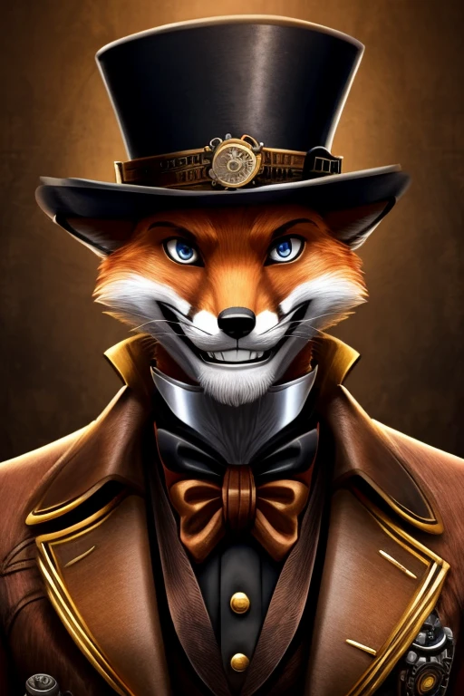 Male anthropomorphic fox, wearing a brown suit, Grinning, gazing at viewer, zoom in on face, wearing a black top hat with robotic arms extending from the hat, Steampunk