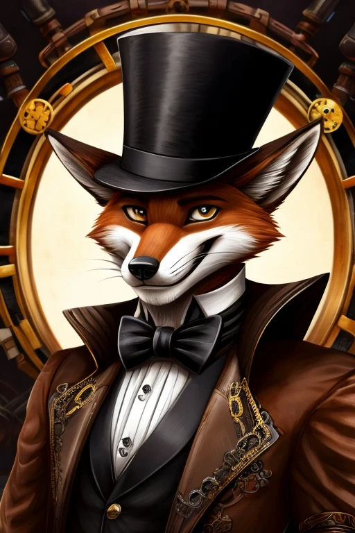Male anthropomorphic fox, wearing a brown suit, Grinning, gazing at viewer, zoom in on face, wearing a black top hat with robotic arms extending from the hat, Steampunk