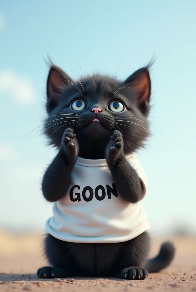 Black kitten, wearing white shirt that says goon, looking up to the sky praying 