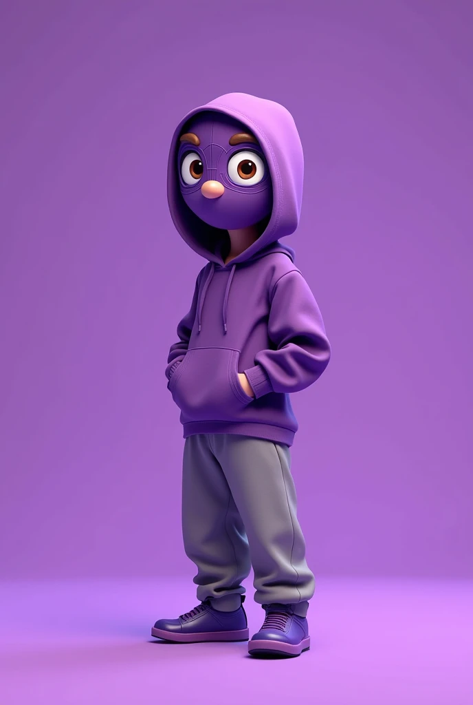 a cartoon male drawing with a purple spiderman mask, loose gray pants and a purple hood, the purple shoe and brown eyes, with a solid purple background