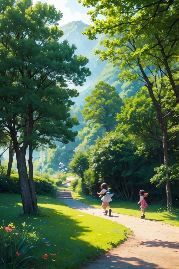 Mountain间小道, For trees, björk, Children playing, Flowers, Butterfly, Bird, landscape, Birds chirp, Sunlight through the trees, breeze, Lush green leaves, Sparkling water reflections, vibrant wildFlowers, Laughter, Carefree children&#39;s expressions, Dynamic brushstrokes, Mountain, Composition.Perfect face, Perfect body, High Definition