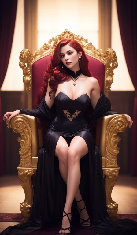 ((solo, 1woman, (very beautiful girl, dark purple eyes, red hair, long hair), lipstick, Extremely detailed, ambient soft lighting, 4k, perfect eyes, a perfect face, perfect lighting, a 1girl)), ((solo, (1woman, lipstick), Extremely detailed, ambient soft lighting, 4k, perfect eyes, a perfect face, perfect lighting, a 1girl)), , ((fitness,, shapely body, athletic body, toned body)), ((black dress, imperial throne, sitting on a throne, flowes, high heels, throne room, palace))