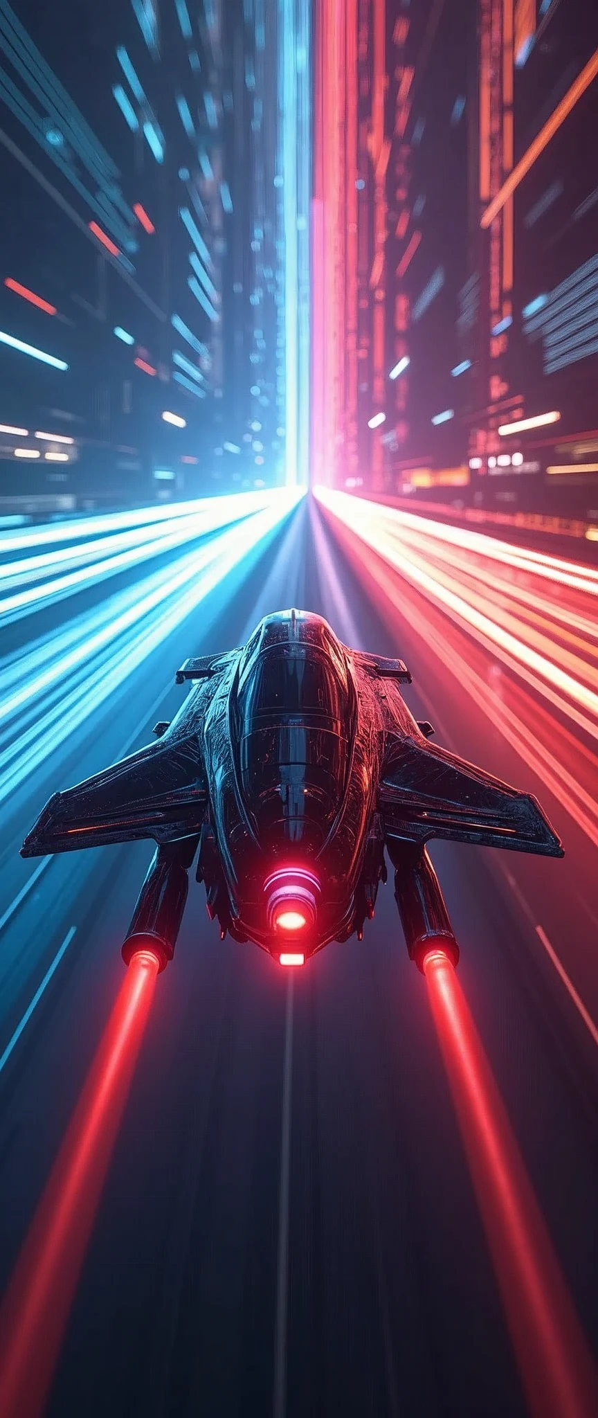 (masterpiece:1.2,Highest quality,Ultra-high resolution,Very detailed,Realistic,RAW Photos:1.2,Elaborate photos),8k,wallpaper,(Ray Tracing),(Future City:2.0),sf,cyber punk,(Streamlined and beautiful ultra-compact spacecraft:2.0),(The craft floats above the guiding lights:2.0),(Dynamic angle from the rear of the aircraft),night,(Rainbow-colored guiding lights:2.0),(Expectations are of running at high speed through a tunnel of light in the sky:2.0),(Motion Blur)