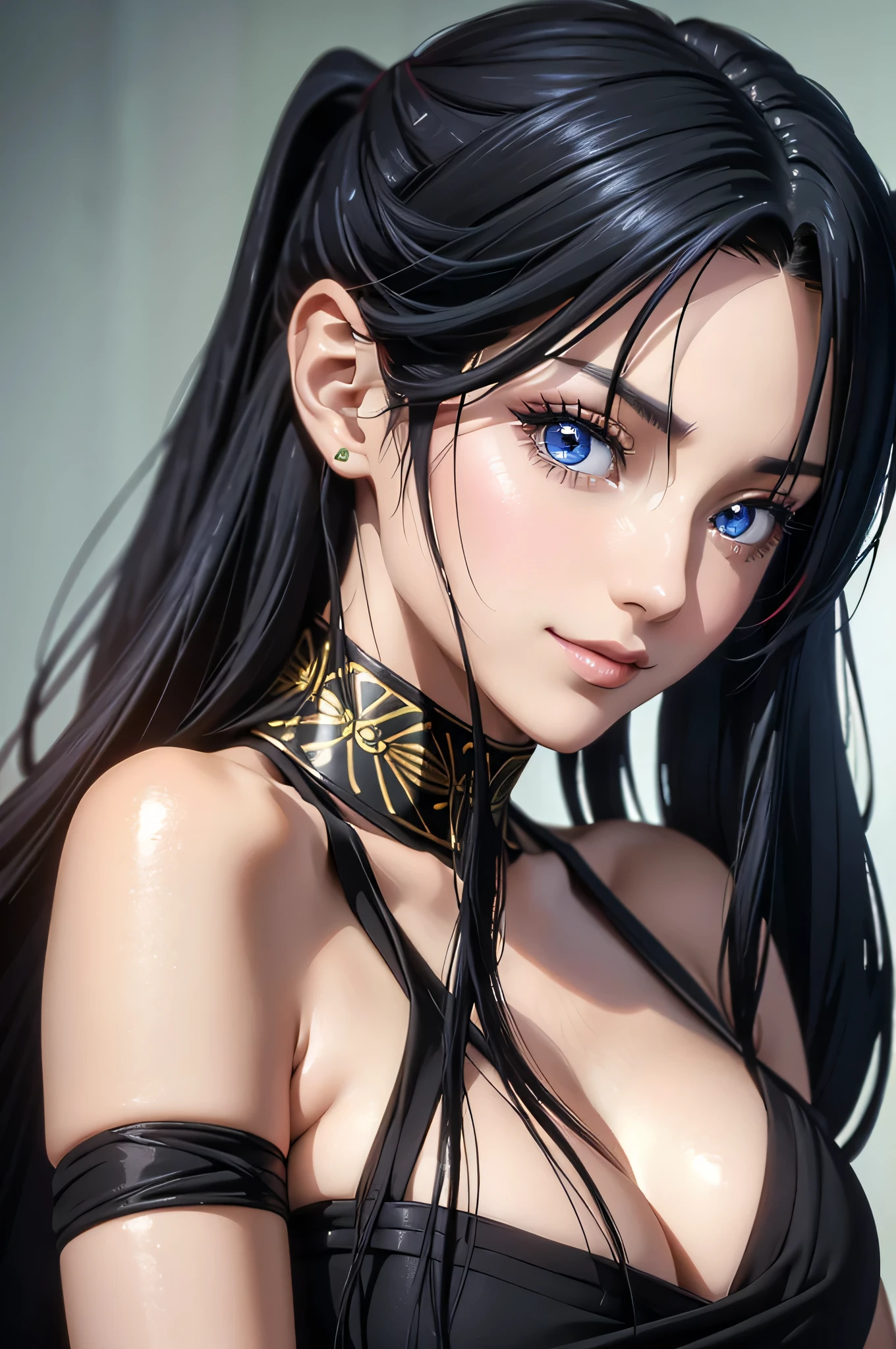 (best quality,highres),slim woman with black long hair, straight hair, young, minimalist style, sensual long dress, vibrant colors, porcelain skin, expressive eyes, playful smile, alluring charm, high end fashion, dreamy atmosphere, soft lighting, intricate details kaoru kamiya